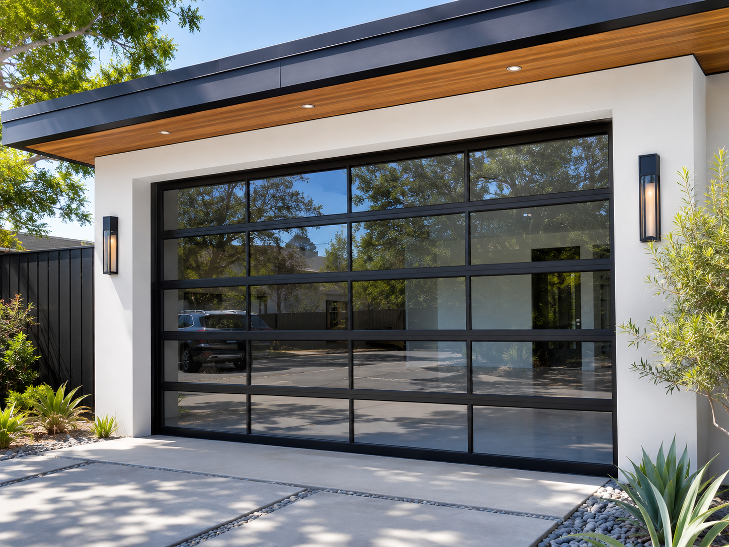 Architectural full-view glass garage door on a Windemere San Ramon home